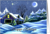 Home for the Holidays Christmas Cottage with Snow Under Moonlight Card