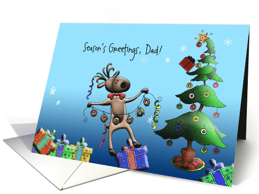 Merry Christmas to Dad-Tipsy Tree Trimmin' Deer, Customizable card