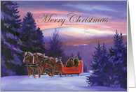Christmas Sleigh Ride in Snowy Woods at Sunset card