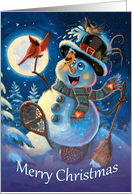 Caroling Snowman with Birds Singing in the Snowy Moonlight Christmas card