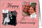 Then & Now Anniversary to Parents Pink Damask Custom Photo and Date card