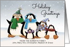 Custom Name Holiday Greetings colorful penguin family card
