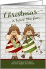 Christmas, to Twins custom name - Candy Cane Angels wood background card