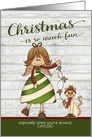 Christmas is fun custom name - Candy Cane Angel, cat, wood background card