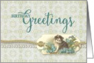 Birthday Greetings Vintage Kitty tag with damask background card
