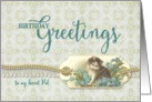 Secret Pal Birthday Greetings Vintage Kitty tag with damask background card