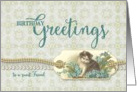 Friend Birthday Greetings Vintage Kitty tag with damask background card