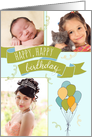 Happy Birthday Banner Balloons & Confetti custom 3 photos card