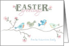 Easter Greetings Watercolor Birds on Limb Custom Family Name card