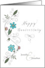 Happy Anniversary to Custom Names Hand Drawn Flower Swirl card