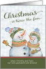 Christmas to Twins Custom Name Snowmen Snowy Background card