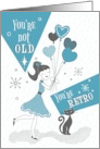 Retro Birthday Girl with Heart Balloons and Black Cat card