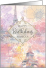 Birthday Custom Name Floral Eiffel Tower Watercolor Collage card