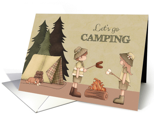 Let's Go Camping Party Invitation - campers, campfire, tent card
