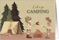 Let’s Go Camping Party Invitation - campers, campfire, tent card