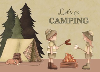 Let's Go Camping Party Invitation - campers, campfire, tent