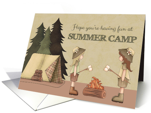 Summer Camp Thinking of You, Girl Campers, Campfire, Tent card