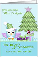 Teacher Holiday Owl w/tree & presents - Custom Name/Relationship card