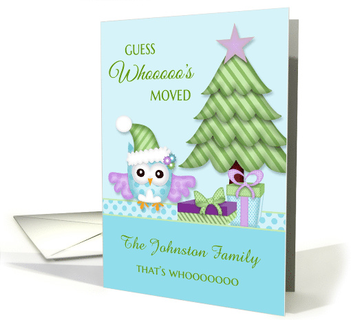 Guess Whoooo's Moved - Custom Name Holiday Owl w/tree & presents card