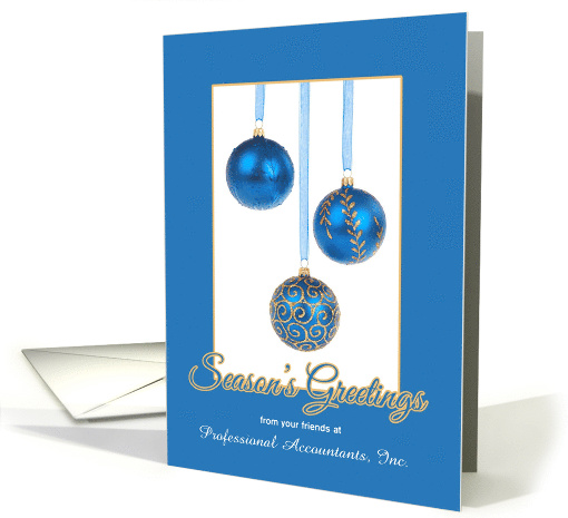 Season's Greetings Business Custom Name Blue Ornaments card (1135912)