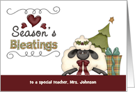 Seasons Bleatings to Teacher, Custom Name - Sheep, Tree, Gift card