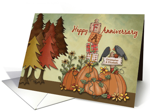 Fall Anniversary - Custom Name pumpkins, trees, sunflowers card