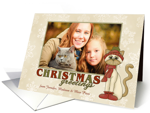 Christmas Greetings Kitty w/ knit cap & scarf custom photo / name card