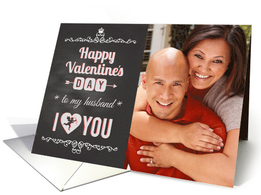 Chalkboard - To Husband, I Heart You Valentine Cupid Custom Photo card