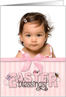 Easter Blessings, pink stripes & bow custom photo card