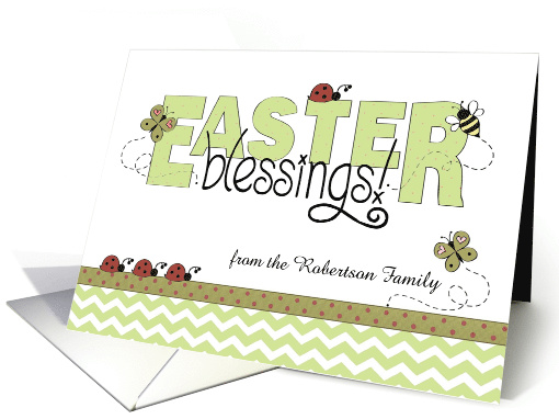 Easter Blessings, green chevron & ribbon - from custom name card