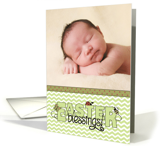 Easter Blessings, green chevron & ribbon - custom photo card (1238724)