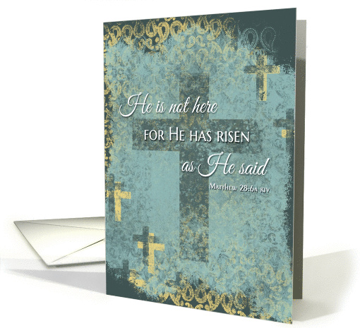 He is Risen! Easter cross & bible verse on distressed background card