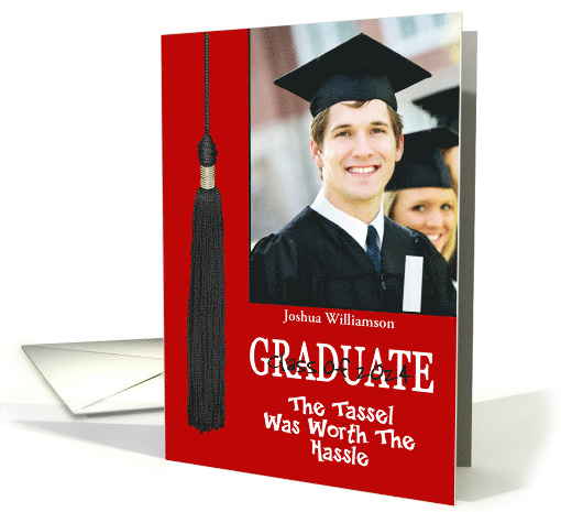 Red Graduation Party InvitationTassle Worth Hassle Custom Photo card