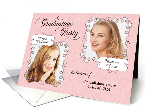 Pink Graduation Party Invite for Twin Girls Custom Photo Name card