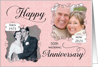 Then & Now Anniversary to Parents Pink Damask Custom Photo and Date card
