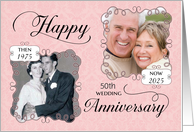 Then & Now Anniversary to Parents Pink Damask Custom Photo and Date card