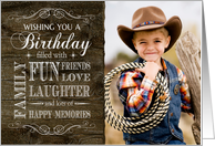 Rustic Wood Birthday Photo filled with Fun, Friends, Family Love etc. card
