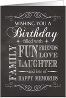 Chalkboard - Birthday Photo filled with Fun, Friends, Family Love etc card