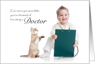 Doctor Congratulations on New Job Child Playing Doctor with Cat card