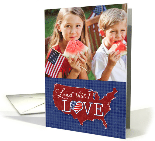 4th of July - Land that I LOVE - US heart flag custom photo card