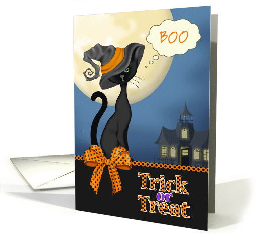 BOO - Trick or Treat Black Cat, Haunted House, Full Moon card