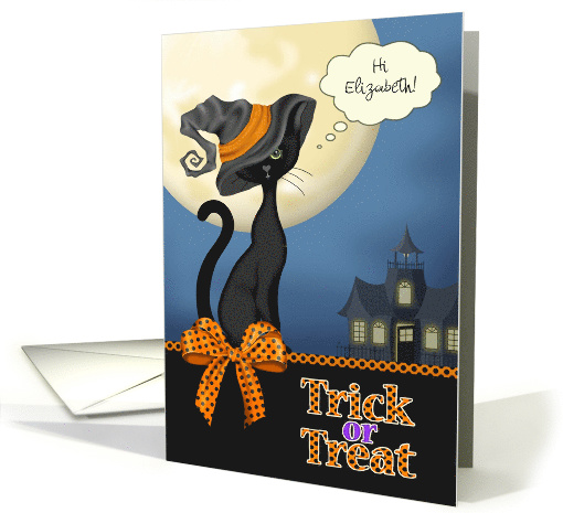 Custom Name Trick or Treat Black Cat, Haunted House, Full Moon card