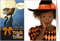 BOO Custom Photo - Trick or Treat Black Cat, Haunted House, Full Moon card