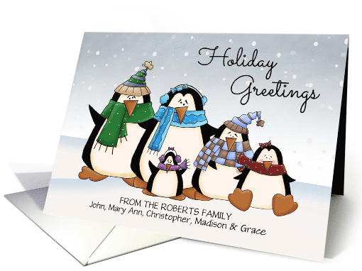 Custom Name Holiday Greetings colorful penguin family card (1396920)