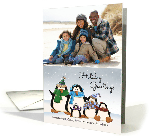 Custom Photo & Name Holiday Greetings colorful penguin family card