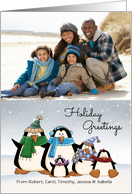 Custom Photo & Name Holiday Greetings colorful penguin family card