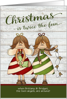 Christmas, to Twins custom name - Candy Cane Angels wood background card