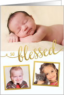 So Blessed faux gold foil holiday custom three photo card