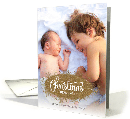 Christmas Blessings faux glitter snowflakes custom name photo card