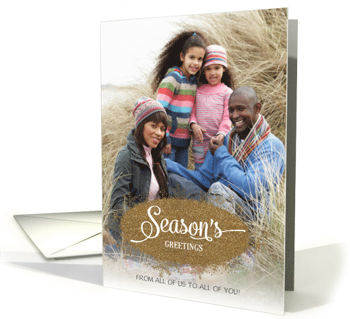 Season's Greetings from all glitter snowflakes custom name photo card